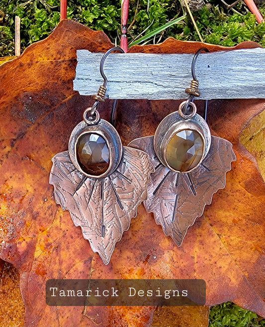 Copper and Montana Moss agate leaf earrings