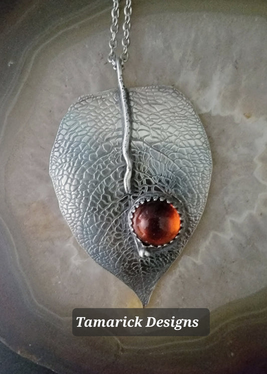 Fire Opal Sterling leaf necklace