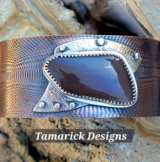 Rainbow obsidian copper sterling cuff bracelet