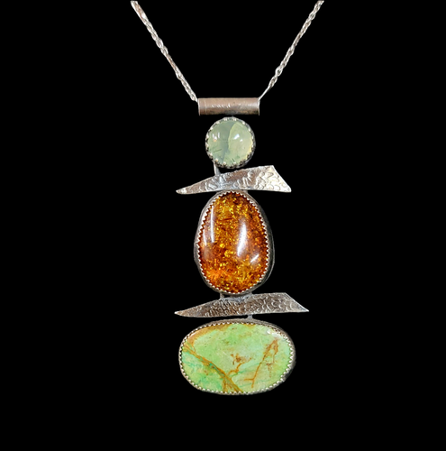 Amber, Prehnite, and Turquoise Sterling Necklace