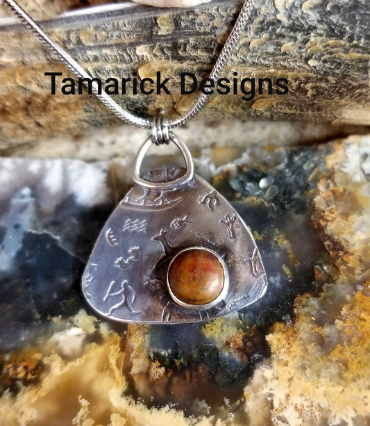 Petroglyph design Sterling Silver And Wood Agate Necklace
