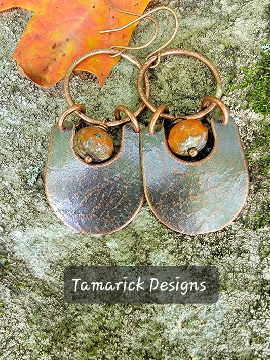 Copper patina picasso glass earrings