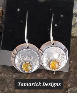 Amber, copper and sterling silver earringd