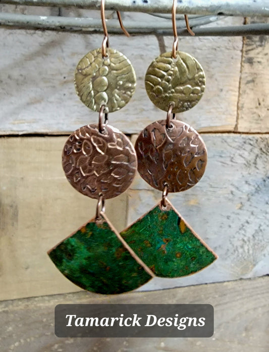 Mixed metal green patina earrings