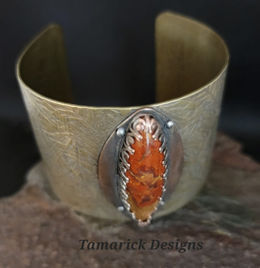Calico Jasper, brass and copper cuff bracelet
